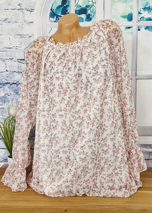 Helle Bluse mit rosa Blumenmuster - Elegante Langarmbluse