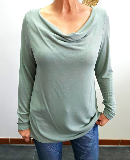 Feinstrick Pulli Khaki – Longshirt mit Wasserfallkragen