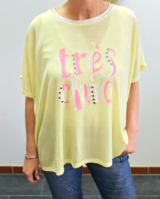 Très Chic Shirt Gelb – Statement-Shirt mit Strass