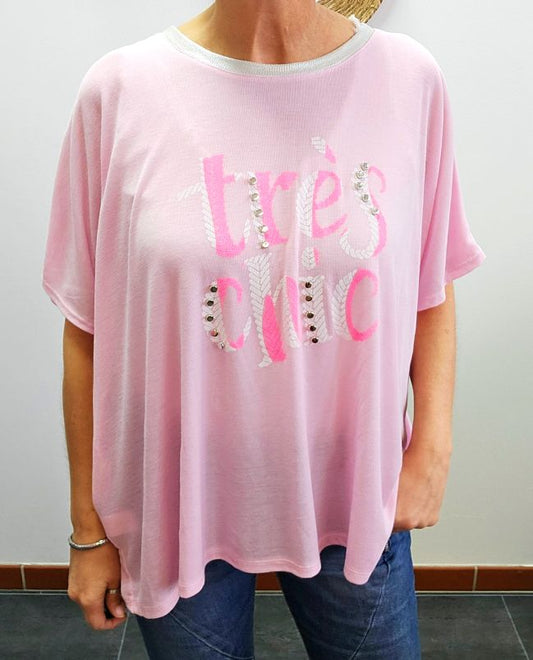 Très Chic Shirt Rosa – Statement-Shirt mit Strass